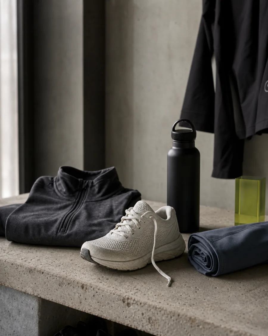 Editorial arrangement of unbranded activewear and running essentials