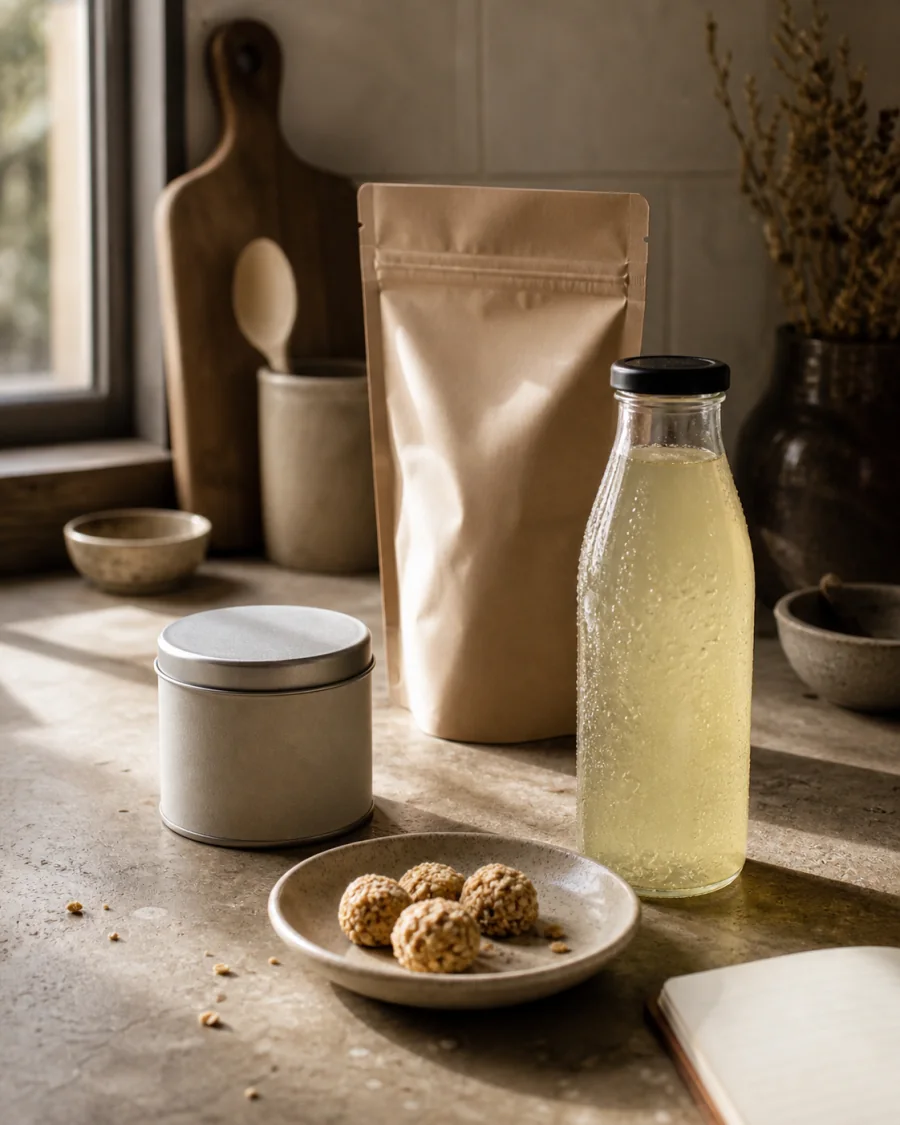 Editorial still life of unbranded food and beverage packaging in a working kitchen
